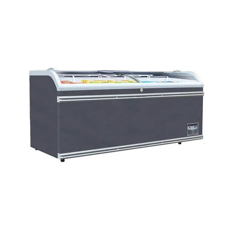 Морозильная камера 1,85 м для коммерческого использования с изогнутым дизайном, горизонтальная морозильная камера большой емкости с регулируемой корзиной и дисплеем, холодильник