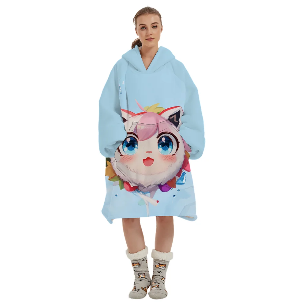 Customized Anime Printed Lovely Pink Elf 230gsm Thick Warm Flannel Fleece Hoodie Blanket with Patent Pockets and Sleeve