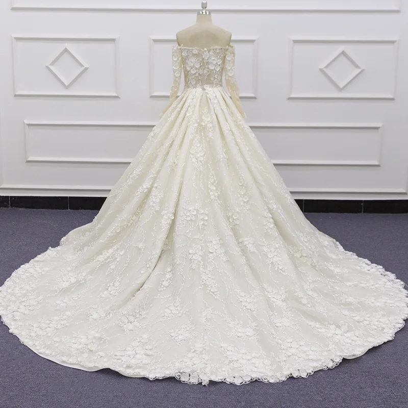 Eslieb SJ105-2 real photo wholesale price champagne sweetheart long sleeve 3D flower lace wedding dress ball gown