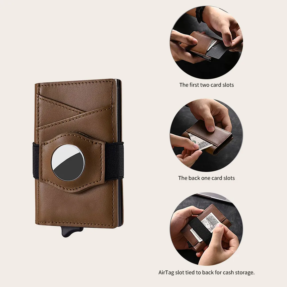 Portable Quick Card Access RFID Blocking Leather Automatic ID Card Holder Wallet With Air tag Holder Metal Card Holder