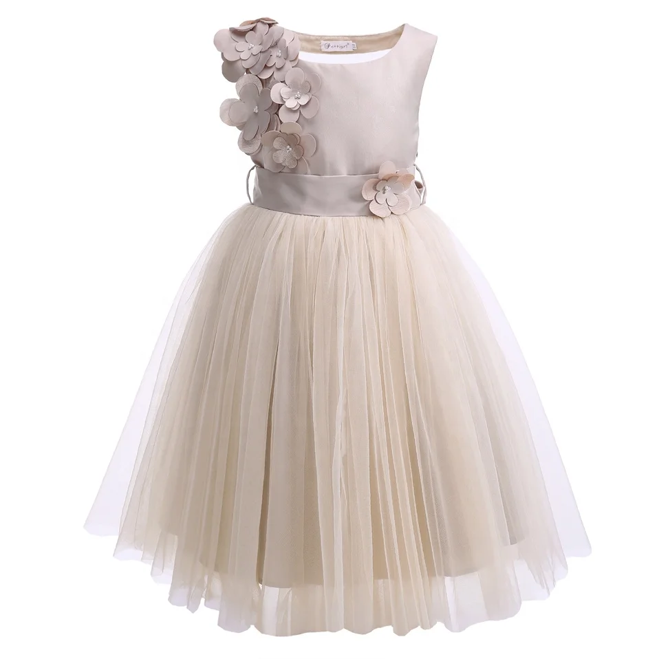 Pettigirl Sleeveless Khaki Girl Holiday Dresses 3D Floral Appliques Soft Tulle Flower Girl Dress Princess Dress Up Clothes