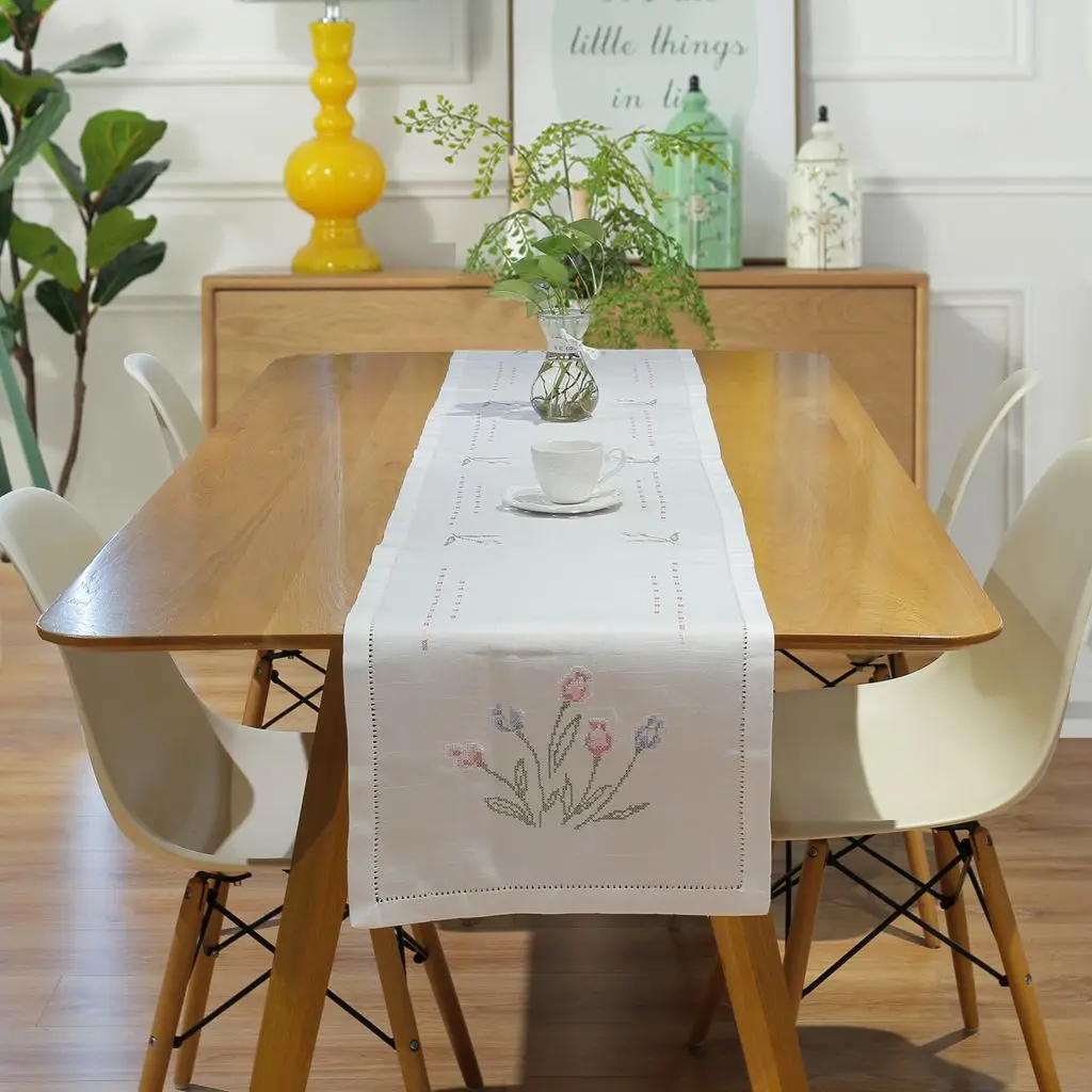 OEM/OEM Multi-size Embroidered  Table Cloths Handmade Hemstitch Table Cover Linen-look Fabric Table Cloth