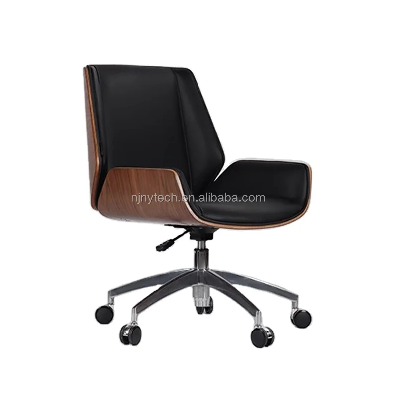 Modern bent wood middle back office room chair computer office leather chair boss tall aluminum base executive PU leather