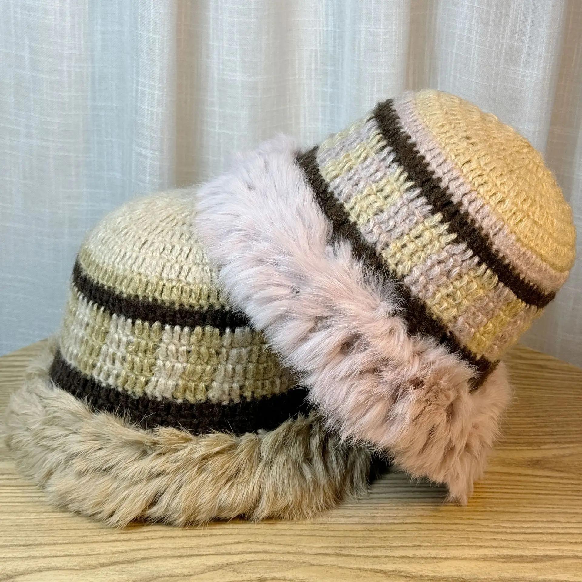 Designer Female Winter Warm Knitted Hat with Cute Rabbit Fur Colorful Beanie for Women Fluffy Outdoor Hat for Beach Wear