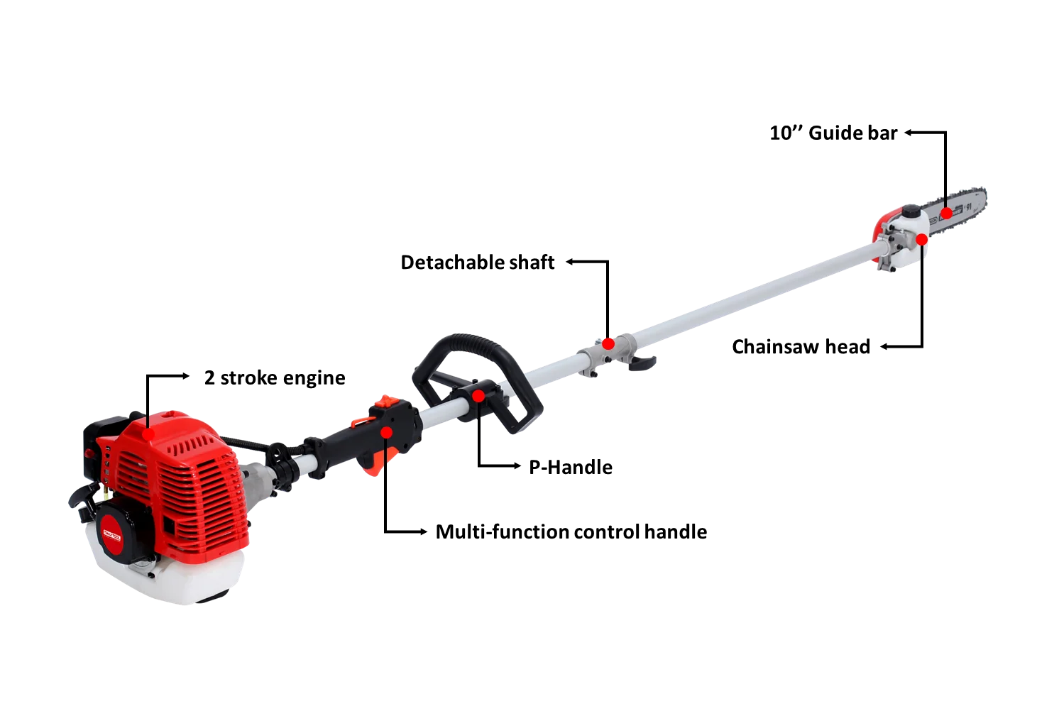 Long Ceach 2 Stroke Gasoline 52CC Single Cylinder Pole Chain Saw Pruner 10inch Pole Chainsaw