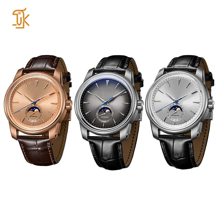 Custom Stainless Steel Moon Phase Watch Leather Dress Calender Automatic Mechanical WristWatch For Men Manufacturers