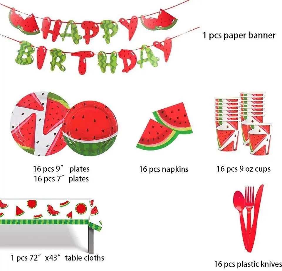 PAFU 16 pcs Watermelon Birthday Party Decorations Favors Disposable Dessert Dinnerware Plates Cups Bags Banner Set Supplies