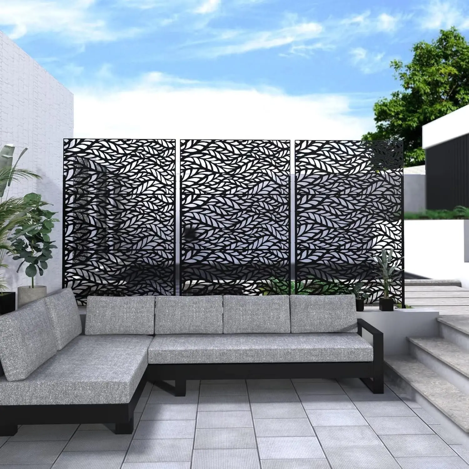 Patio Privacy Screen, Outdoor Privacy Screen with Stand Decorative Metal Privacy Screen Free Standing Garden Backyard Balcony