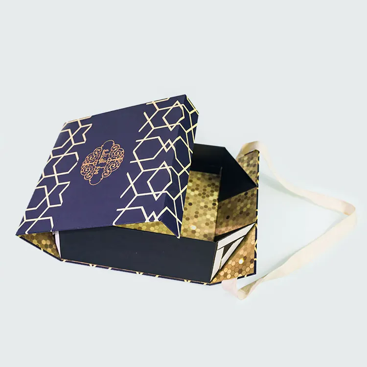 Flat Pack Folding Cardboard Paper Eid Package Box Ribbon Closures Book Shaped Foldable Mystery Gift Magnet Packaging Box For Eid