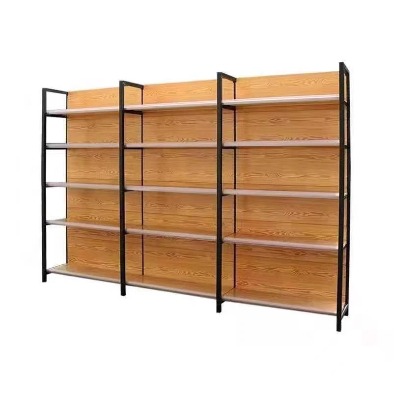2023 new Single Sided Wooden Supermarket Shelves Metal Display Racks For Customized Gondola Shop Shelves