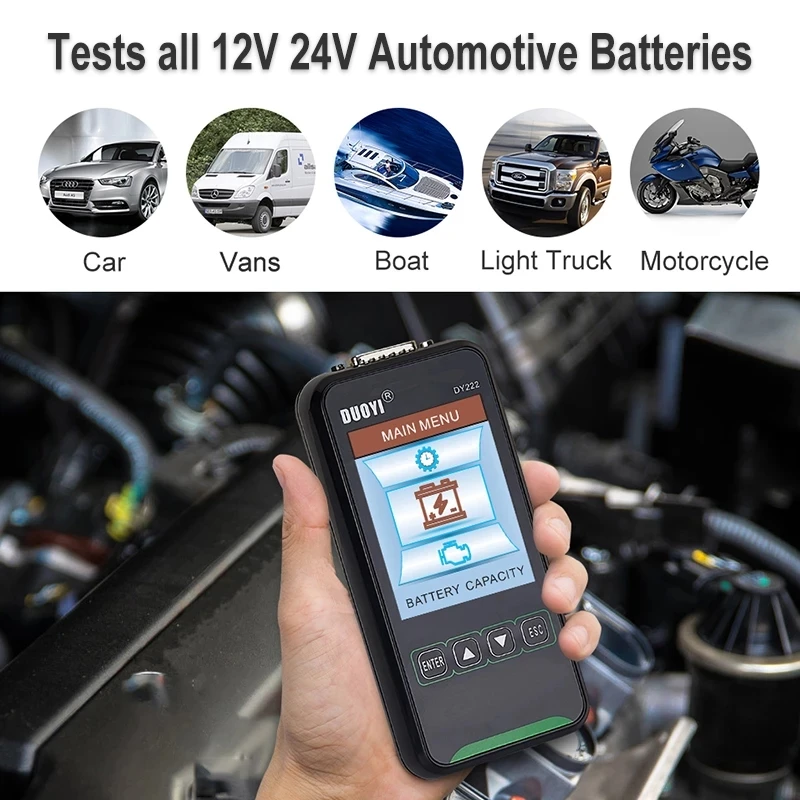 DUOYI DY222 тестер автомобильного аккумулятора 12V 24V Цифровой Автомобильный диагностический аккумуляторов анализатор 2000CCA вращение зарядки тестовый инструмент