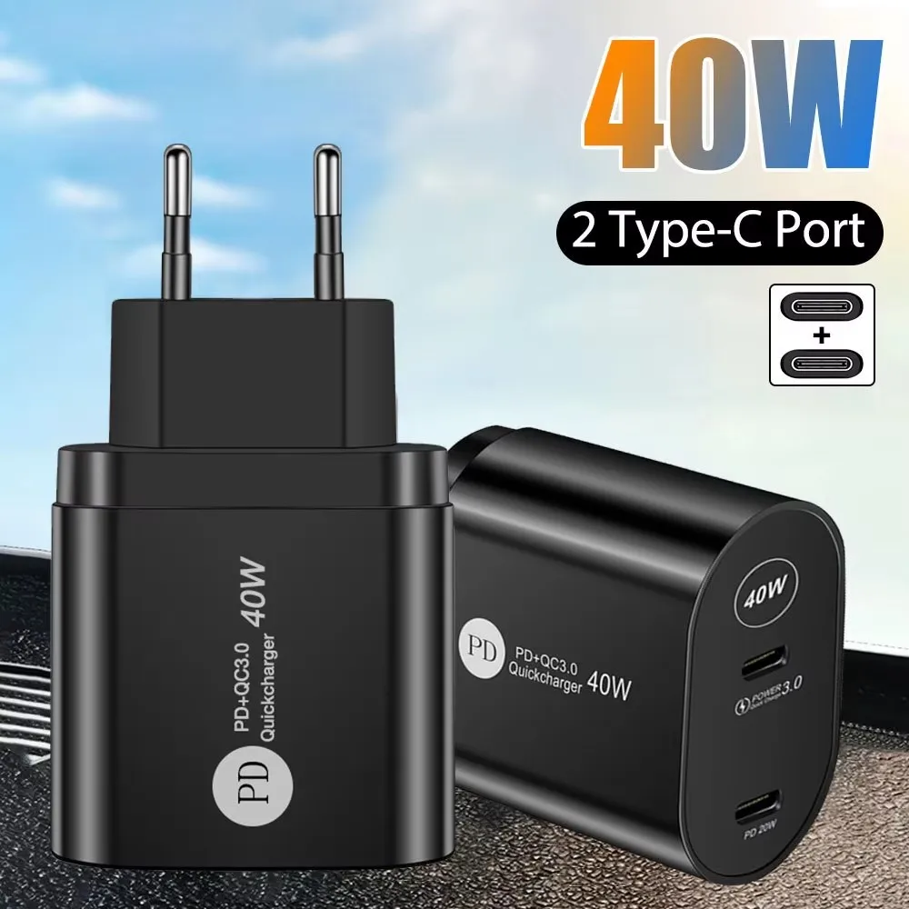 40W Dual Type C Charger Type C Fast Charging Universal Travel Adapter Mobile Phone Charger for iPhone Quick Charge