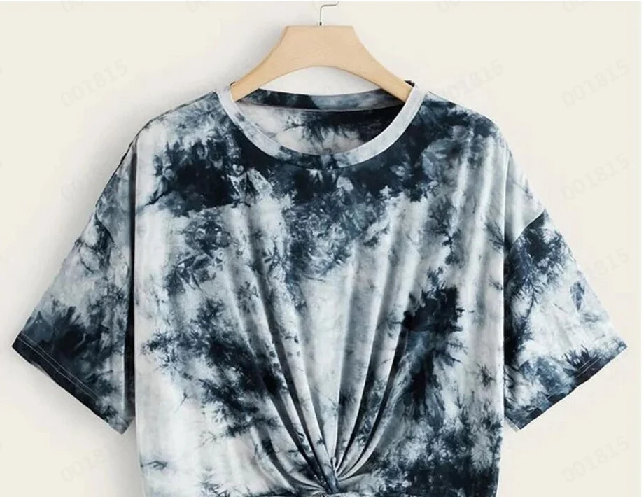 Summer New Style European And American Ink Woman Tie Dye Short Sleeve Loose Irregular Crop T Shirt For Women