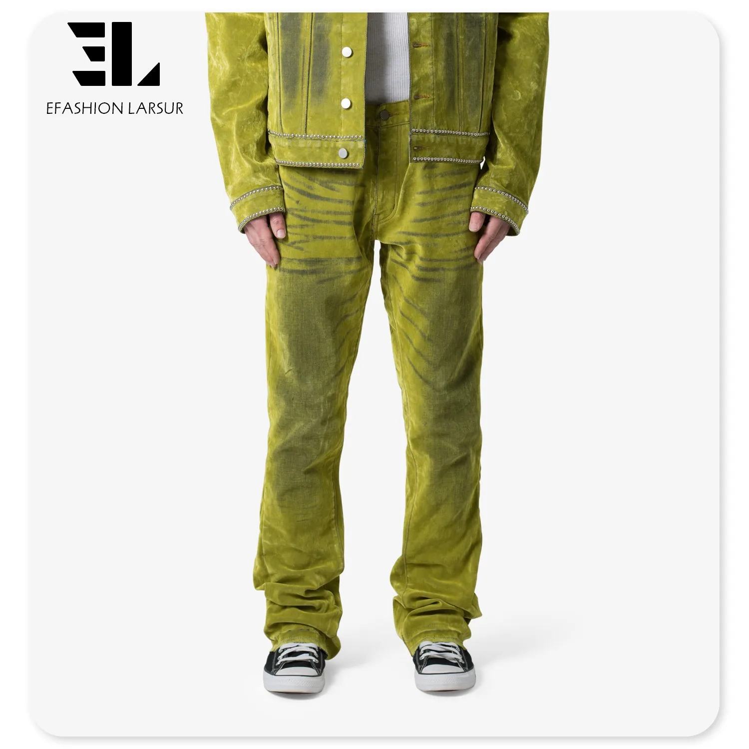 LARSUR Custom factory distressed dye faded wash velvet denim pants baggy straight leg suede velvet jeans