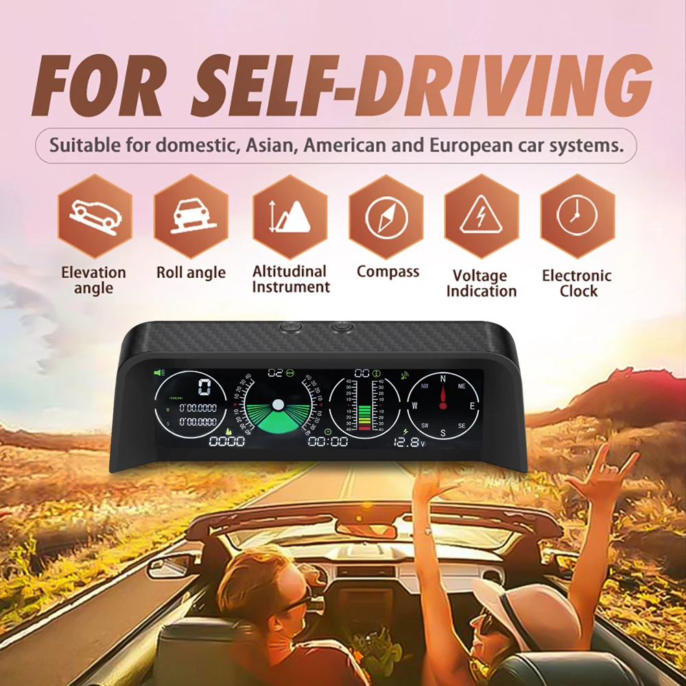 Vjoycar Auto Inclinometer Pitch Angle Alarm Off-road Latitude Longitude Display S90 Gps Slope Meter HUD