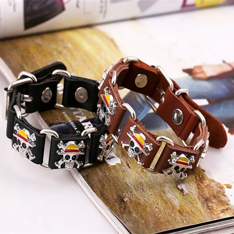 European American Hip Hop Pirate Skull Bangle Bracelet Fine Jewelry Bracelets Bangles Cowhide Bracelet Men Leather