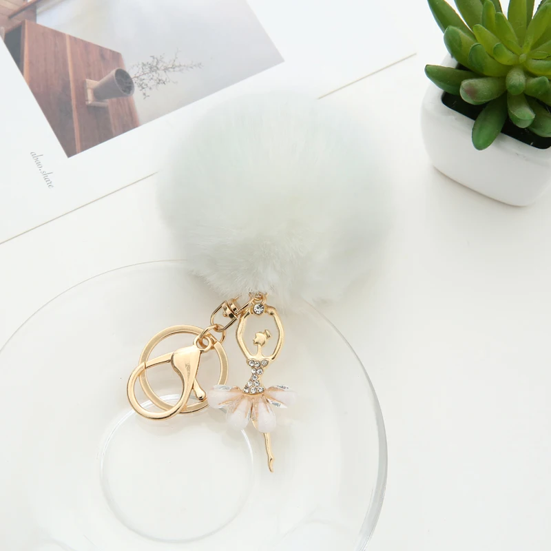 
Faux Rabbit Fur Pom Pom Angel Ballet Girl Designer Key Chain for Ladies Keyrings Metal Charm Acessories Pendant Women 1054A 