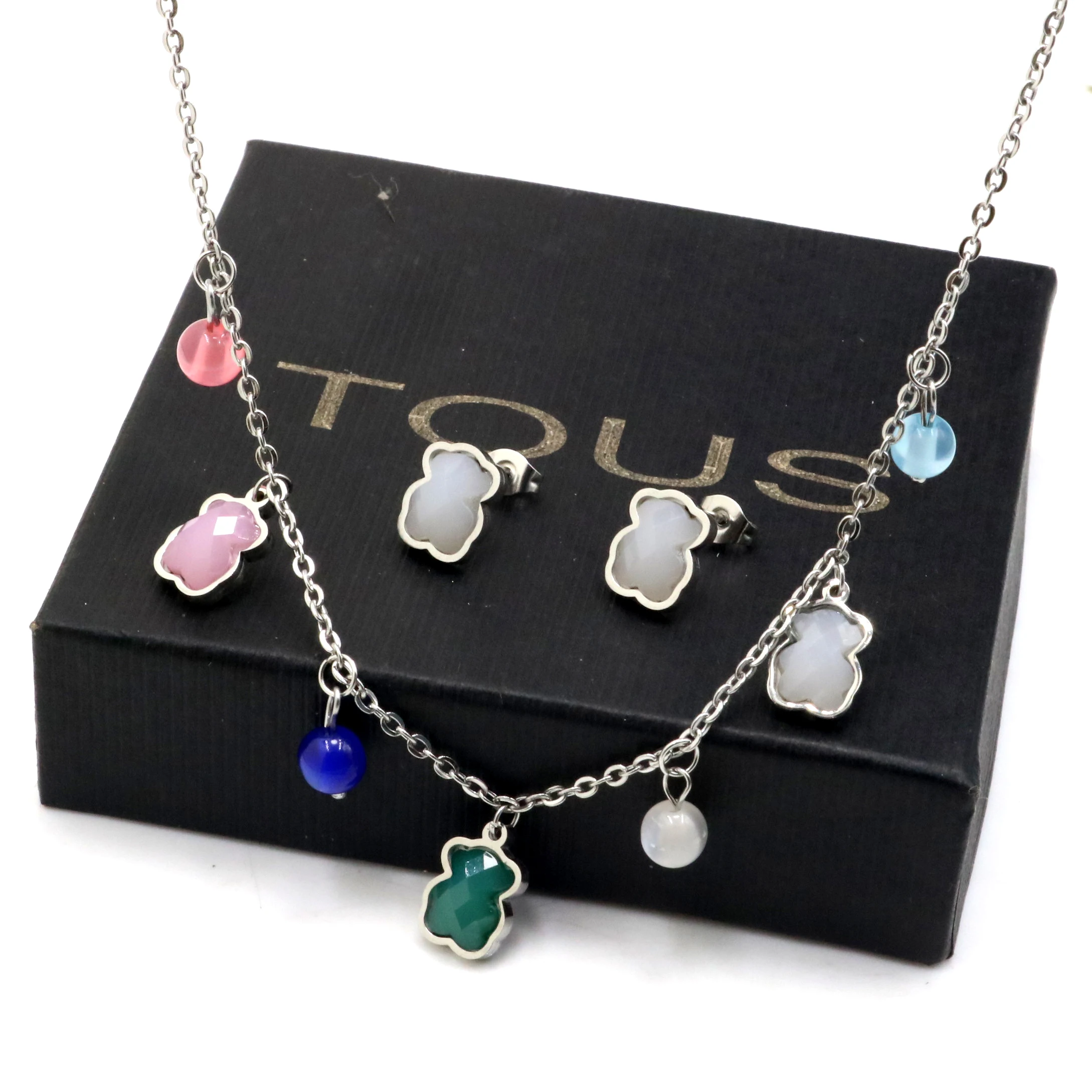 AFXSION Christmas hot jewelry bear necklace and earrings Stainless steel with Colorful Crystal 18K Gold Jewelry Set