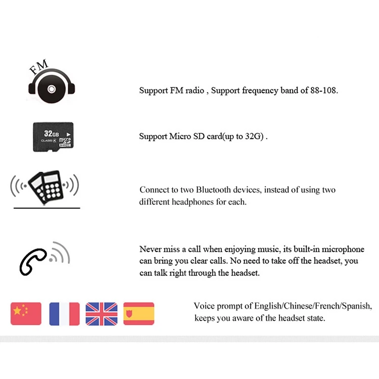 Turbine Foldable Micro SD Music Play 3.5mm Wireless Headset Gaming Headset Phone Call Earphones TWS Headphone for iPhone