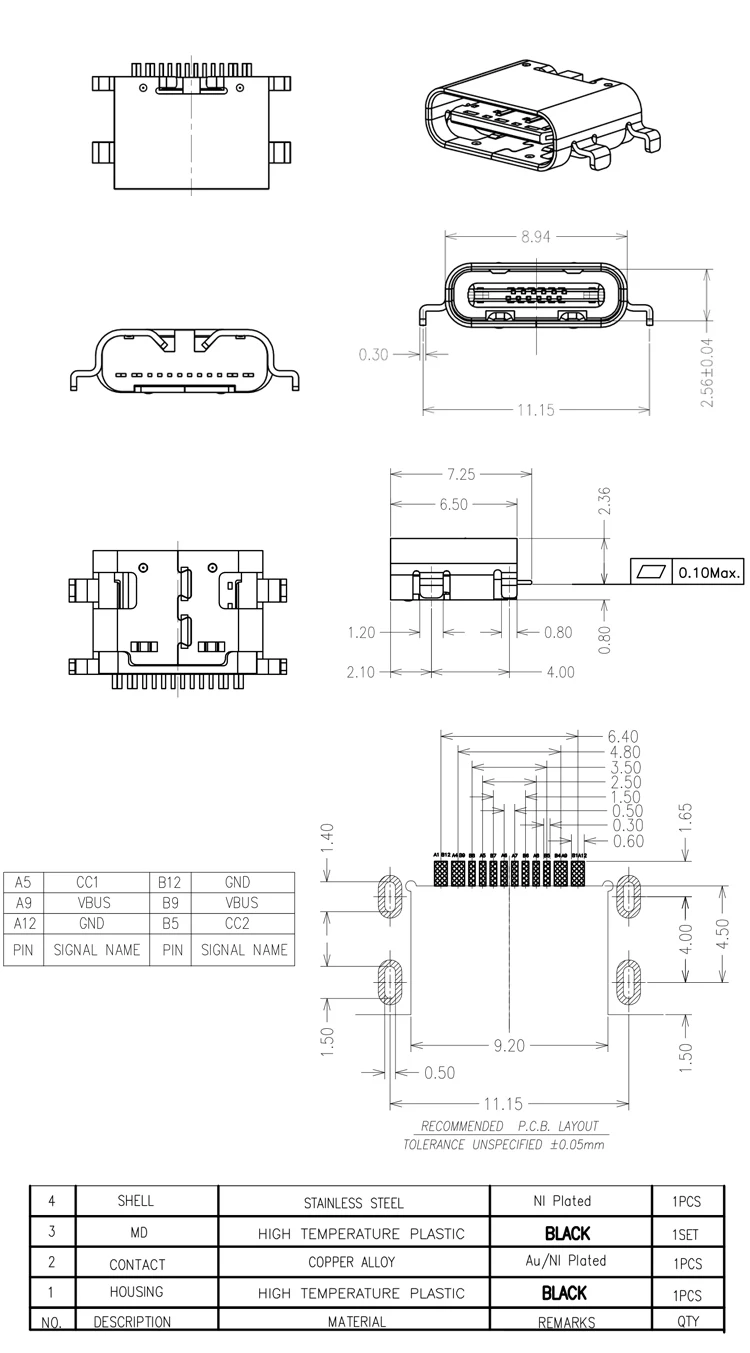 100% High quality USB 3.1 type c 16pin female connector USB  charging pin for PCB