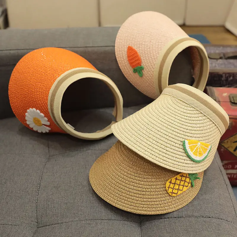 BESTELLA Wholesale  Custom Sun Visor Cap Summer Children Kids Sport Fruit Cartoon Design Wide Brim UV Protection Straw Hat