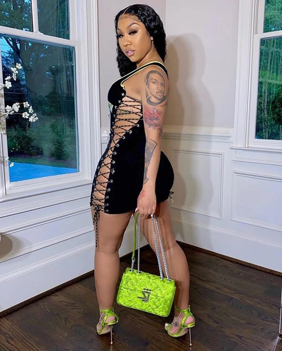 
2021 summer Nightclub style sexy club sleeveless letter print hollow out lace up bodycon mini dress 