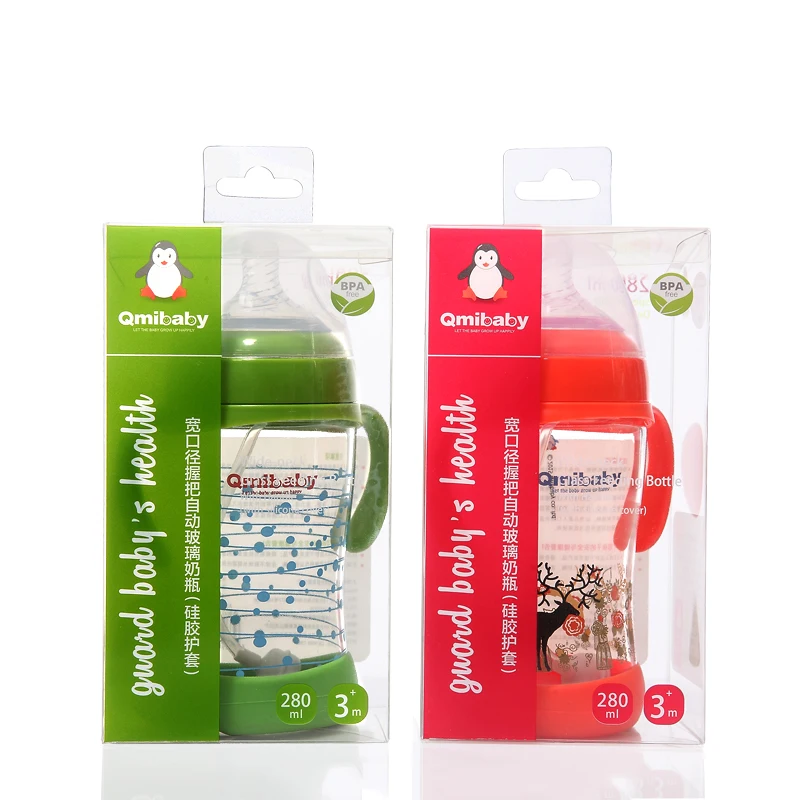 Anti-colic nipple wide-neck glass feeding bottle with handle with silicone cover