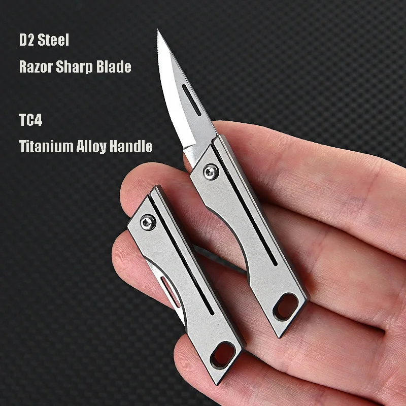 Mini Titanium Alloy Keychain Razor Sharp Folding Knife D2 Steel Blade Built-in Keychain Hole For EDC