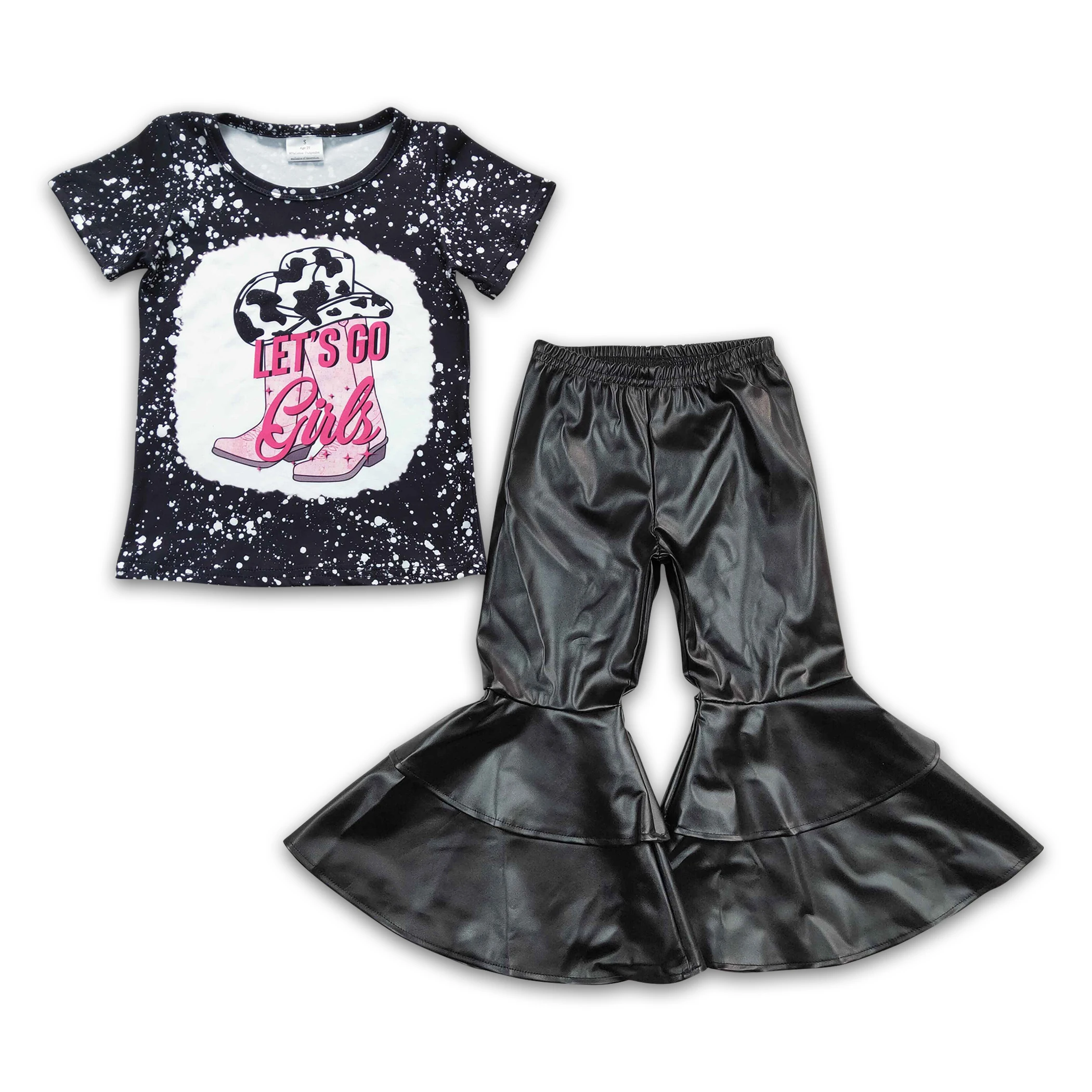 Girls high quality set lets go boot hat black short sleeve black leather pants suit kids girl clothing boutique clothes