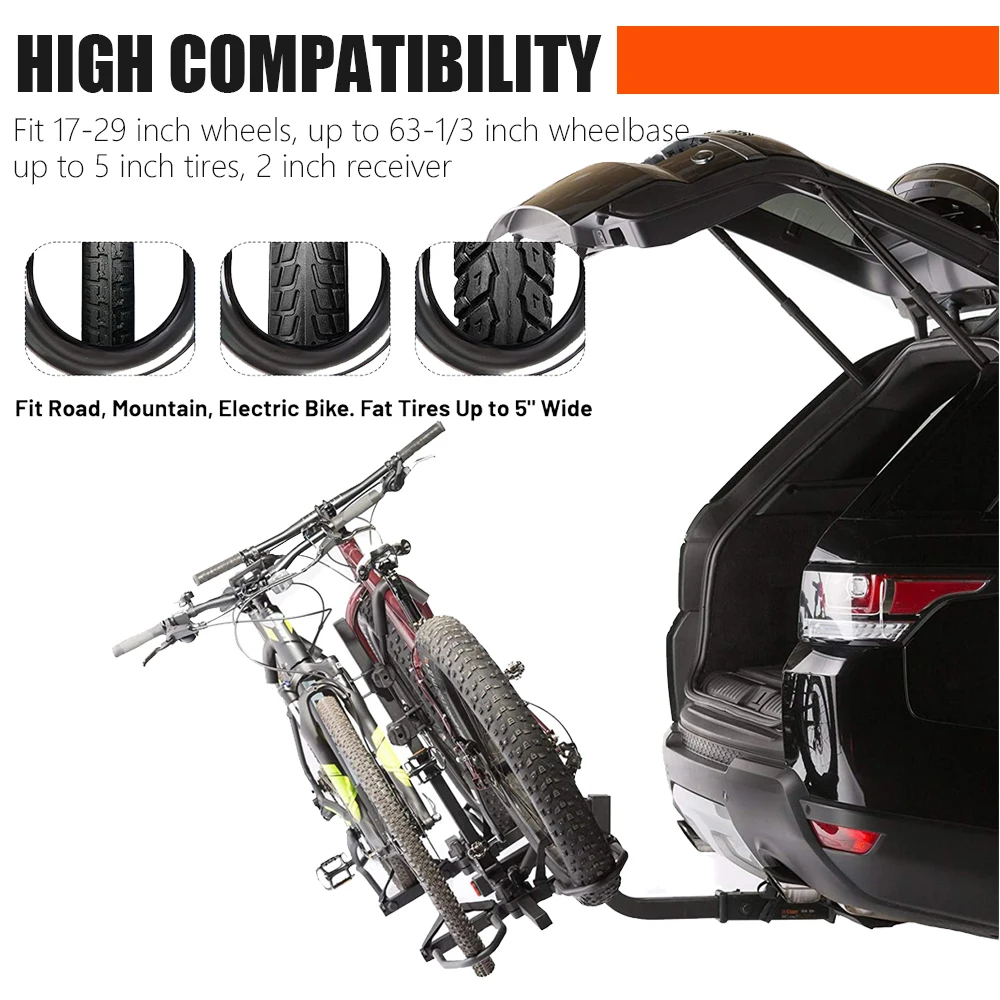 Tiltable 2 e-bikes Fit 17-29 inch Wheel Hitch Mount Standard and Fat Tire Electric Bike Rack for RV SUV Car Vehicle