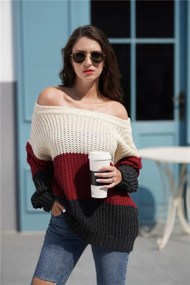 
Custom Lady Womens Off Shoulder Sweater Batwing Sleeve Loose Oversized Pullover Knit Jumper 