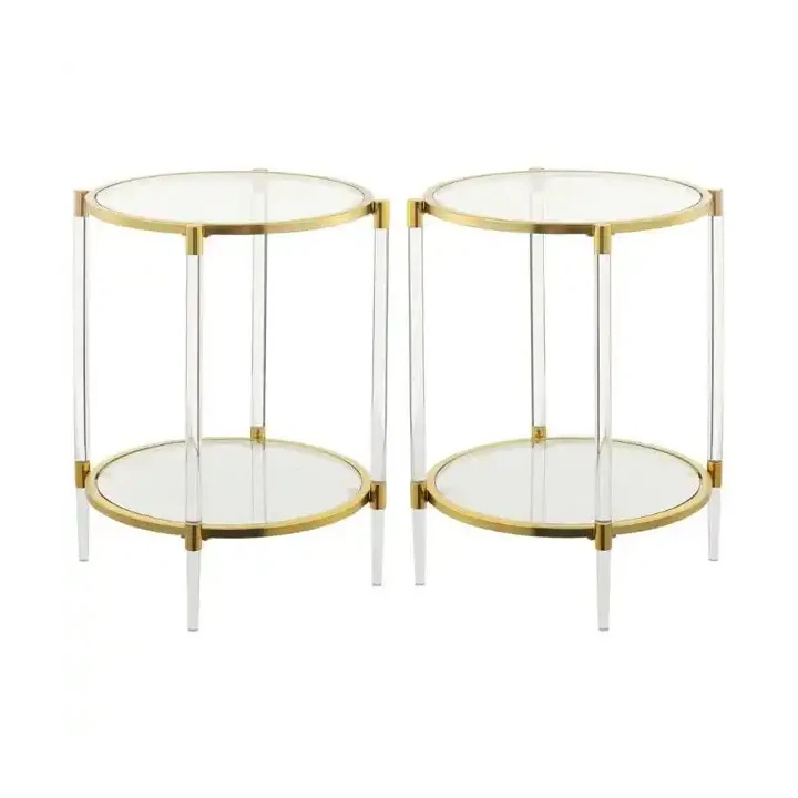 Transparent Acrylic Wedding Side Table Brushed Metal Brass Round Office Living Room Bedroom Customizable