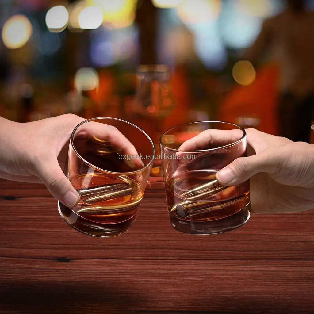 Bullet Whiskey Stones Gift Set for Men with Vintage Wooden Case Metal Stainless Steel Ice Cubes - 6 Pack  Custom Packaging