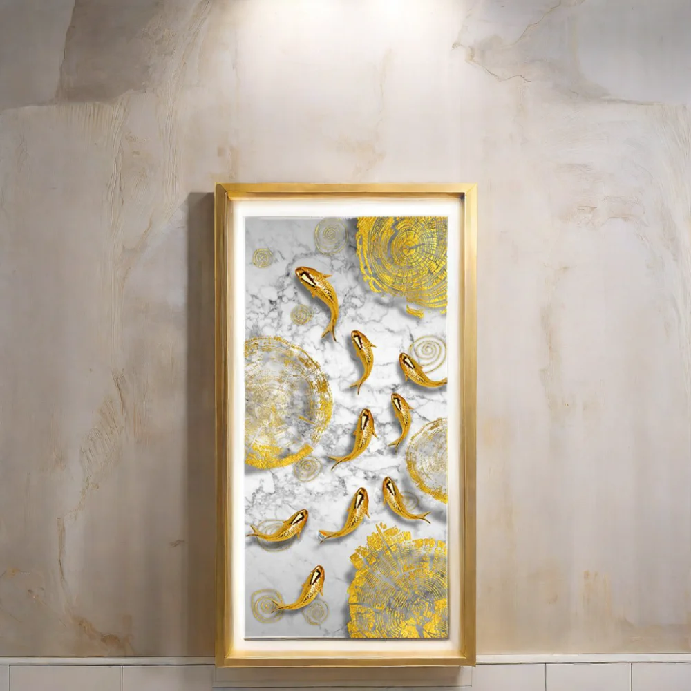 Luxury Golden Koi Fish Crystal Porcelain Painting Art Prints Custom Size Wall Art for Home Decor and Office for Hotel Use