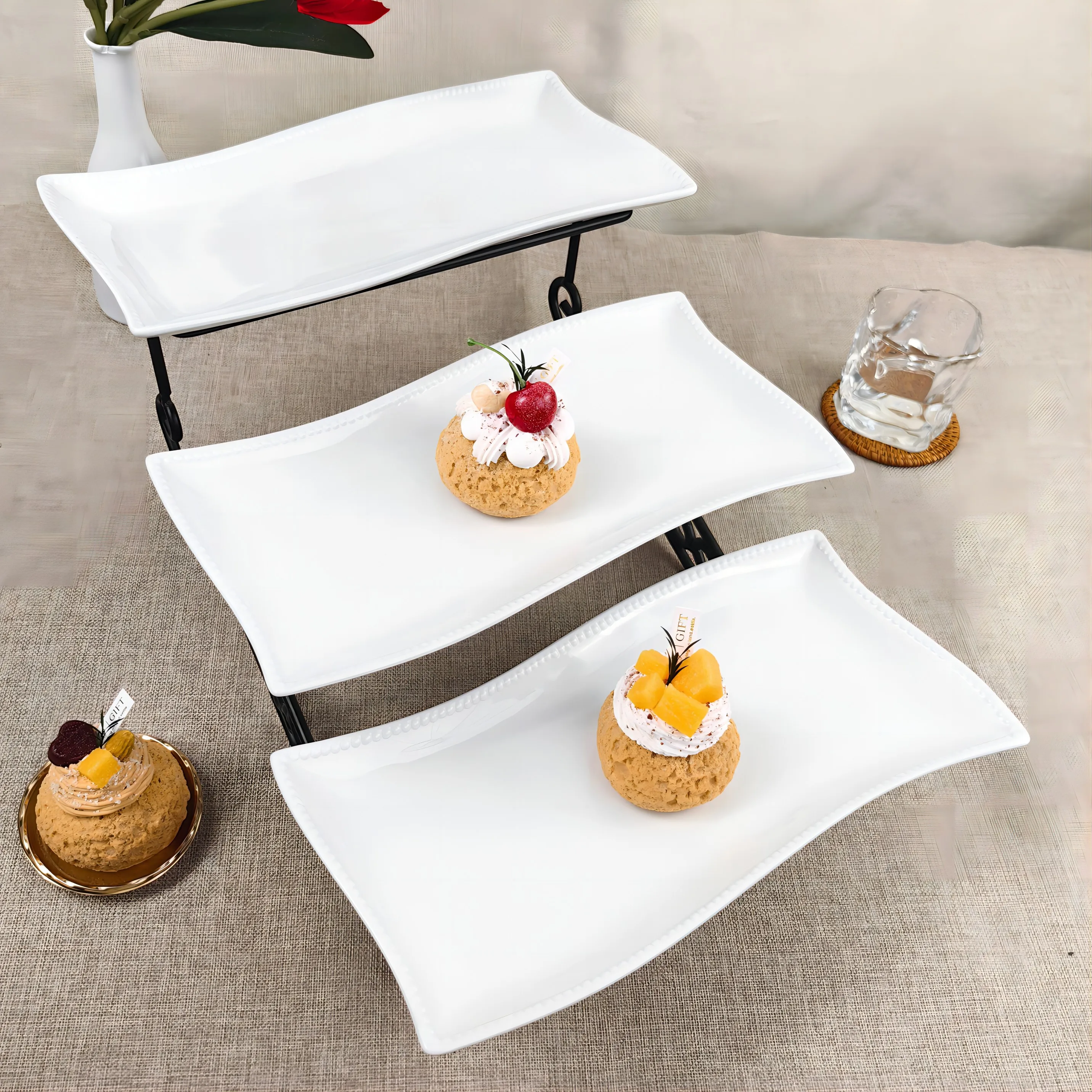 Custom high quality factory wholesale ceramic plate wavy dessert cake three layer iron rack swing plate white ceramic plate