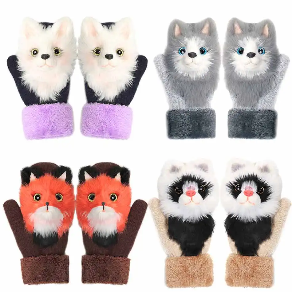 Animal Cat Dog Panda Raccoon Design Winter Warm Gloves 22cm Long Cute Girls Mittens Full Fingers Fashion Soft Princess Guantes