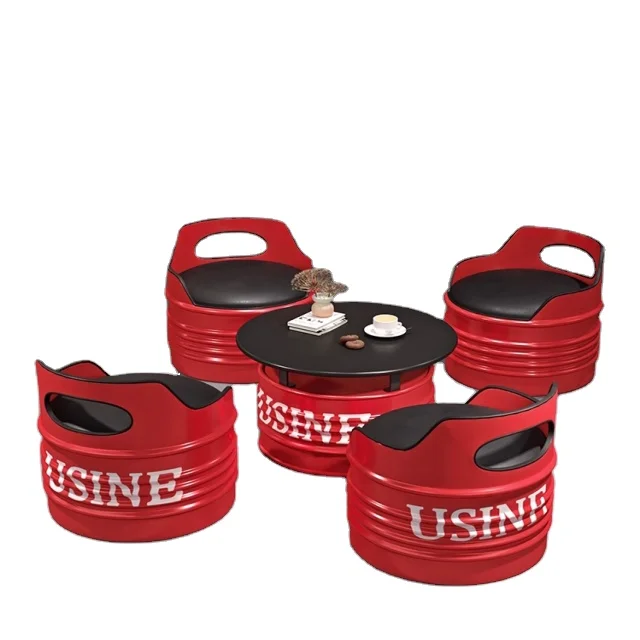 Hot Oil Drum Sofa Creativty Tea Table and chairs Industrial Iron Leather Chair With Back Online Red Tide Shop Relaxing Chairs