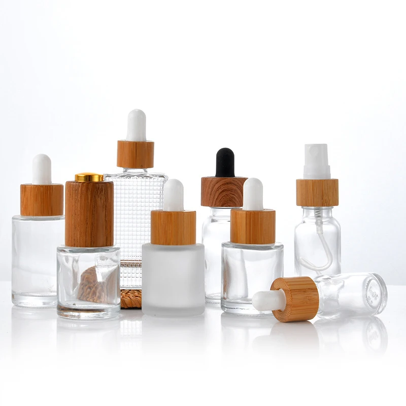 Flat Shoulder Frosted Round Glass Dropper Bottle 5ml 30ml 50ml Skincare Serum Bottle with Bamboo Caps for Essential Oil Essence