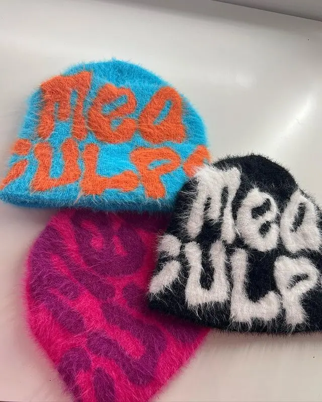 Custom Jacquard Logo Knit Winter High End Imitation Mink Fur Velvet Fluffy Beanie Warm Fuzzy Knit Mohair Beanie
