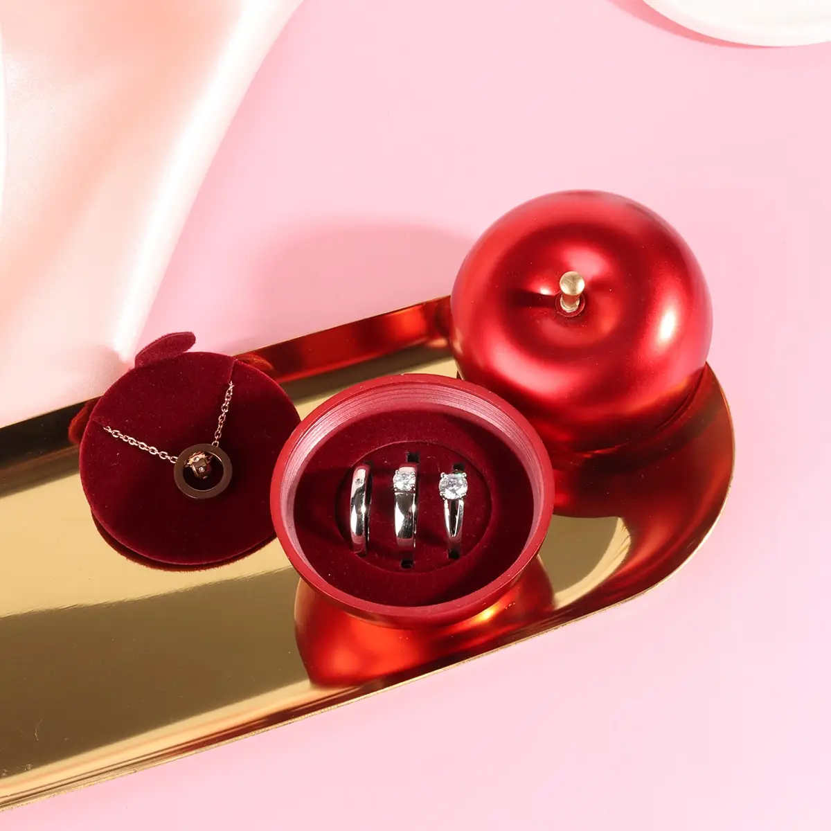Olai Luxury Plastic Red Apple Ring Necklace Pendant Velvet Lining Jewelry Gift Packaging Box