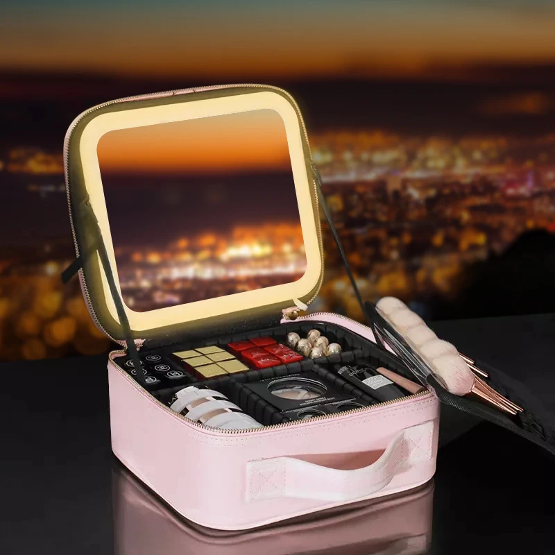 Makeup Bag with Mirror Rechargeable Cosmetic Case with 2-Layers Makeup Train Case Cosmetic Organizer with Mirror and Light