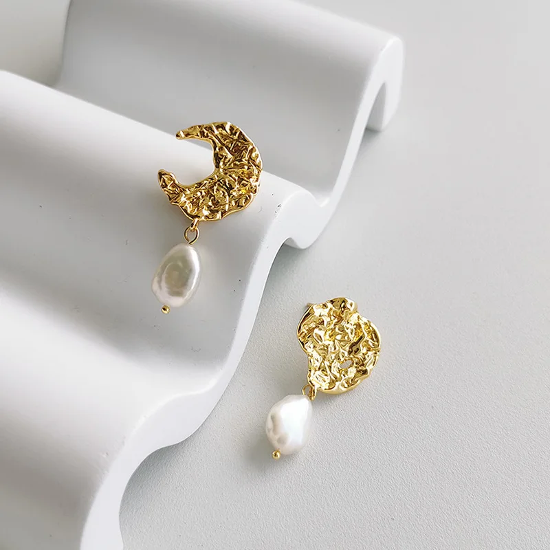 European 100% 925 Silver Natural Pearl Pendant Earrings 18K Gold Plated Hammered Fresh Water Pearl Drop Earrings