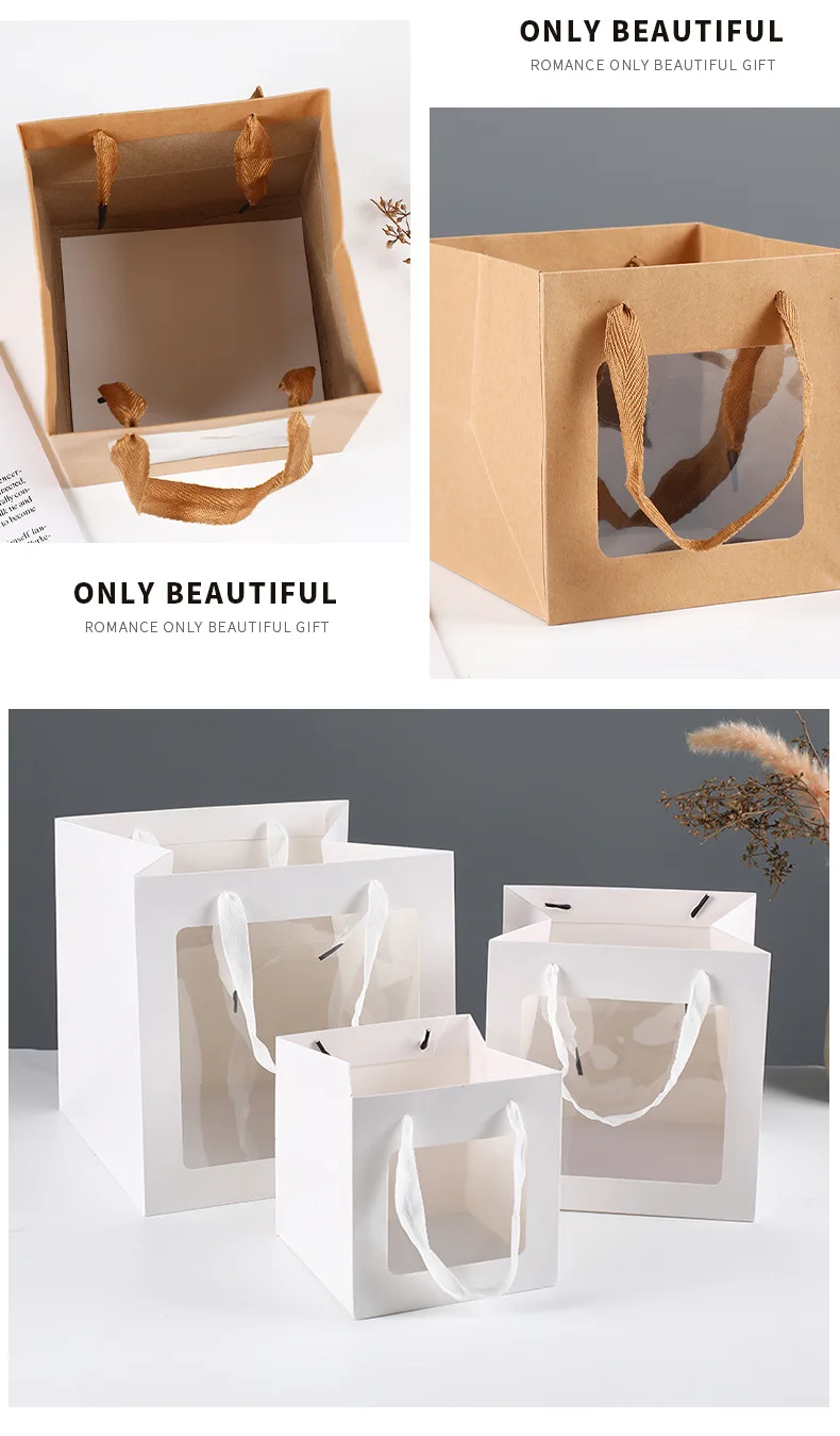 customizable Thickened square packaging flower wide bottom transparent window opening hand-held gift bag, paper bag 14