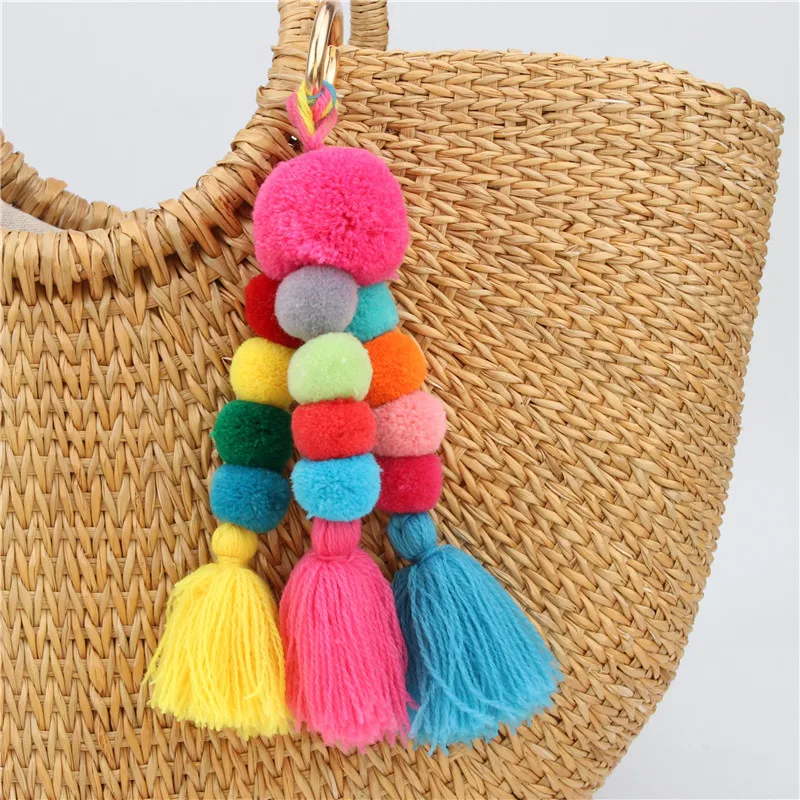 Bohemian Colorful Handmade Hairball Pompones Keyring For Women Girls Bag Boho Accessories Purse Charm Keychains Jewelry