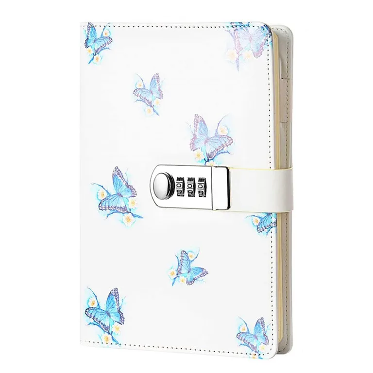 2025 New Design Password Lock A5 Digital Locking Diary Notepad Blue Butterfly Line Page with Lock Notebook Planner