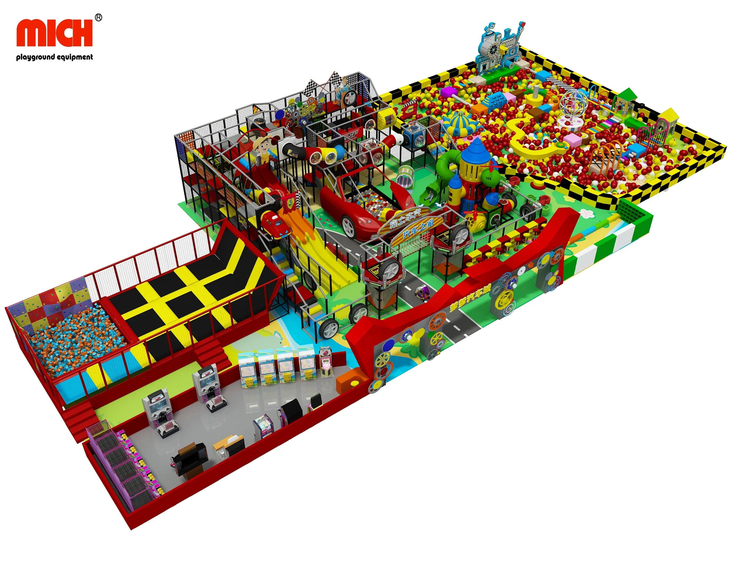 Mich Customized Large 1097 sqm 3 Levels Kids Indoor Soft Playground with Big Ball Pit, Trampoline Area