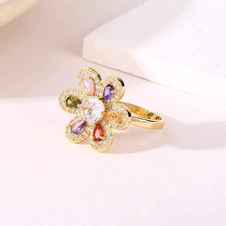 flower rings 18K gold plated  jewelry ring light luxury colorful zircon rings for women
