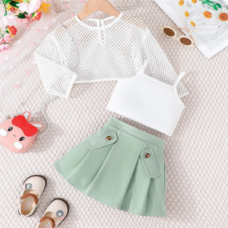 Ms-572 12 to 18 Months Baby Girls Clothing Sets Wholesale Tank Top+Net Top+Skirt 3 Pieces Outfits Kids Summer Dresses for Girls