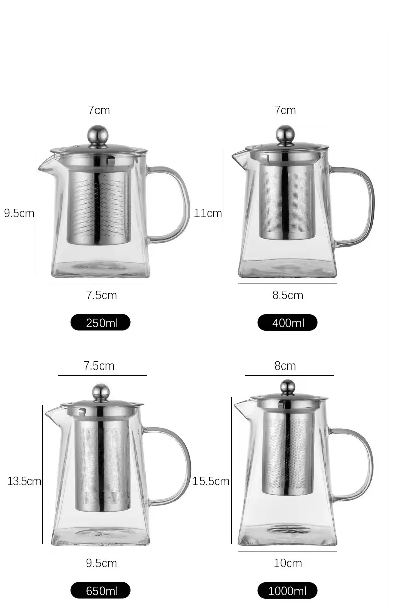Direct flame heat resistant square glass teapot high temperature thickened household stainless steel filter brewing tea pot