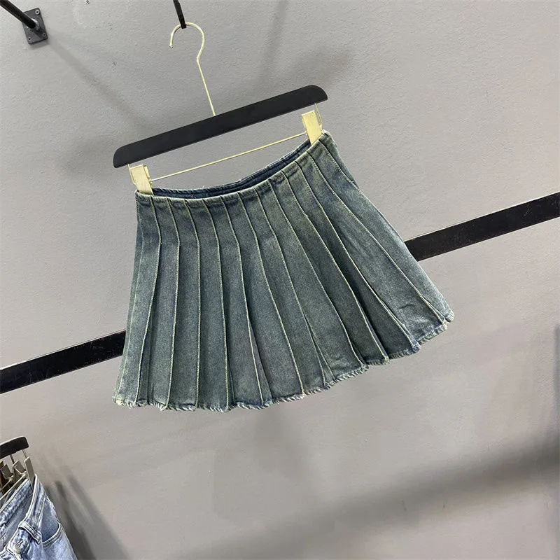 2024 Children Girl Blue Pleated Solid Denim Skirt 3-15 Years